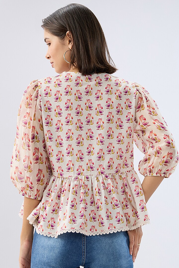 Ivory Linen Cotton Floral Printed Peplum Top by Raw & Rustic by Niti Bothra at Pernia's Pop Up Shop