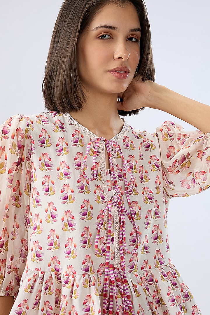 Ivory Linen Cotton Floral Printed Peplum Top by Raw & Rustic by Niti Bothra at Pernia's Pop Up Shop