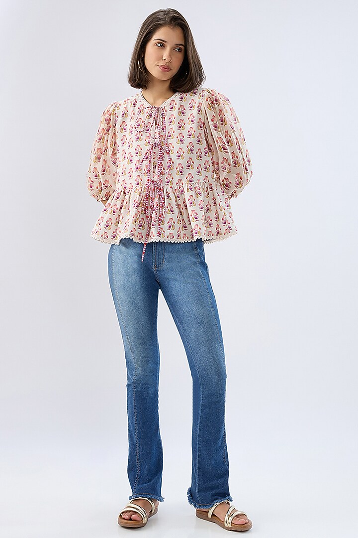 Ivory Linen Cotton Floral Printed Peplum Top by Raw & Rustic by Niti Bothra at Pernia's Pop Up Shop