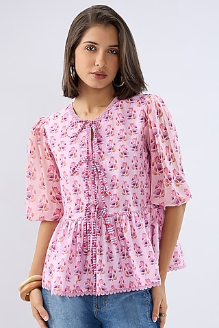 Pink Linen Cotton Floral Printed Peplum Top by Raw & Rustic by Niti Bothra