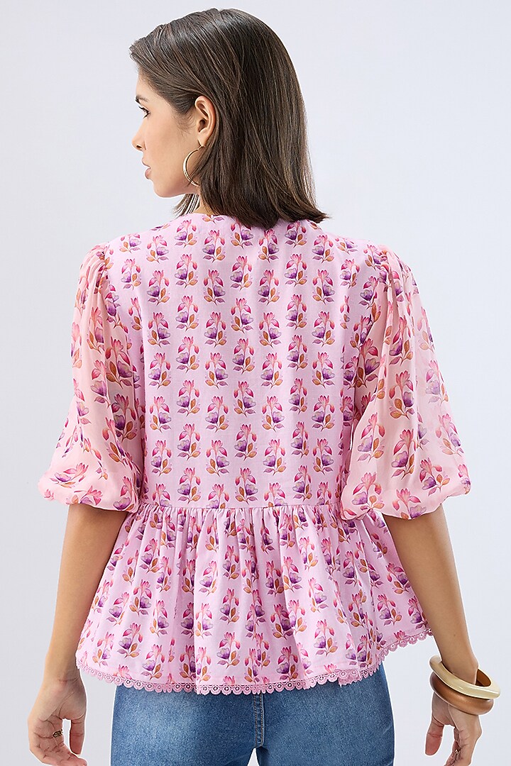 Pink Linen Cotton Floral Printed Peplum Top by Raw & Rustic by Niti Bothra at Pernia's Pop Up Shop