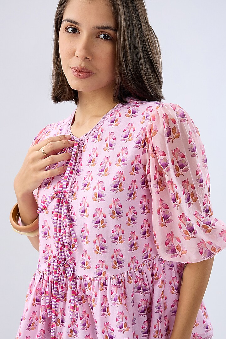 Pink Linen Cotton Floral Printed Peplum Top by Raw & Rustic by Niti Bothra at Pernia's Pop Up Shop