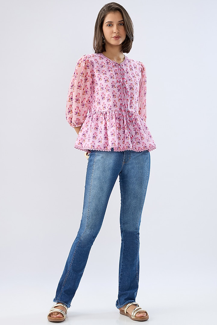 Pink Linen Cotton Floral Printed Peplum Top by Raw & Rustic by Niti Bothra at Pernia's Pop Up Shop