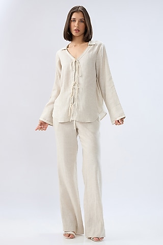 Beige Linen Tie-Up Co-Ord Set by Raw & Rustic by Niti Bothra