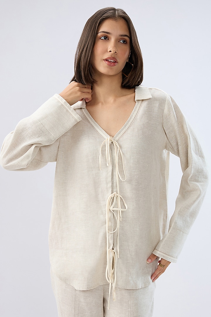 Beige Linen Tie-Up Co-Ord Set by Raw & Rustic by Niti Bothra at Pernia's Pop Up Shop