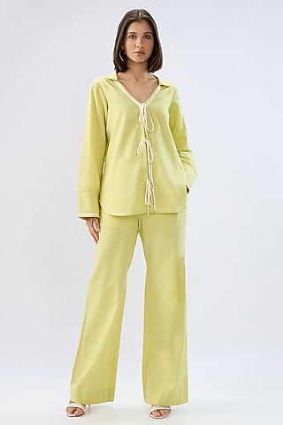 Green Linen Tie-Up Co-Ord Set by Raw & Rustic by Niti Bothra