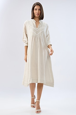 Beige Linen Midi Tunic Dress by Raw & Rustic by Niti Bothra