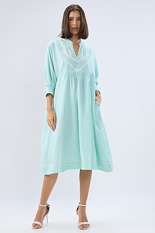 Blue Linen Midi Tunic Dress by Raw & Rustic by Niti Bothra