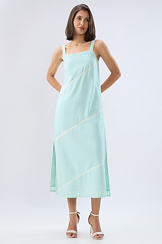 Blue Linen Midi Sleeveless Dress by Raw & Rustic by Niti Bothra