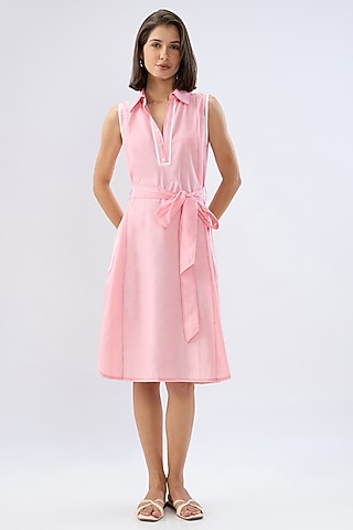 Pink Linen Midi Sleeveless A-Line Dress by Raw & Rustic by Niti Bothra
