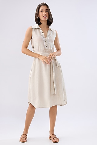 Beige Linen Midi Sleeveless A-Line Dress by Raw & Rustic by Niti Bothra