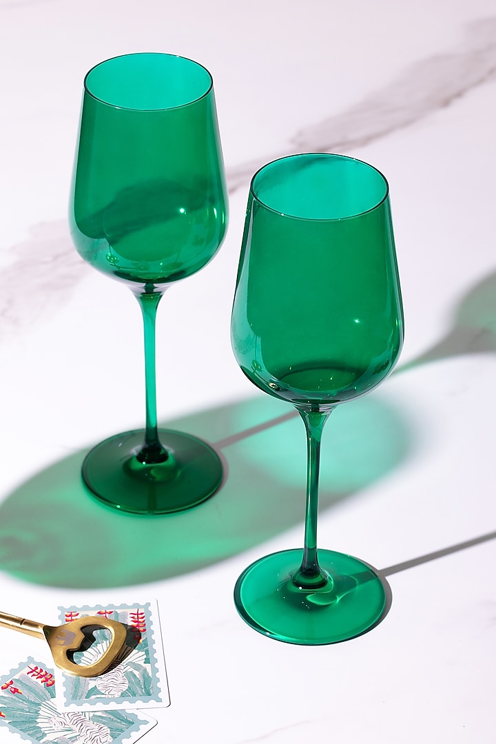 Emerald Green Lead-Free Crystalline Handcrafted Wine Glass Set by Rayt Glassware