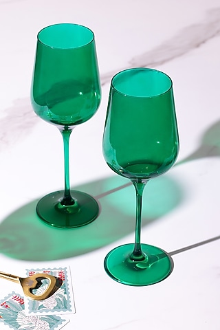 Emerald Green Lead-Free Crystalline Handcrafted Wine Glass Set by Rayt Glassware