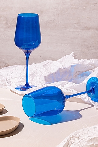 Vacation Blue Lead-Free Crystalline Handcrafted Wine Glass Set by Rayt Glassware