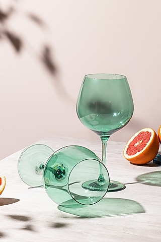 Nature Green Lead-Free Crystalline Handcrafted Gin Goblet Set by Rayt Glassware