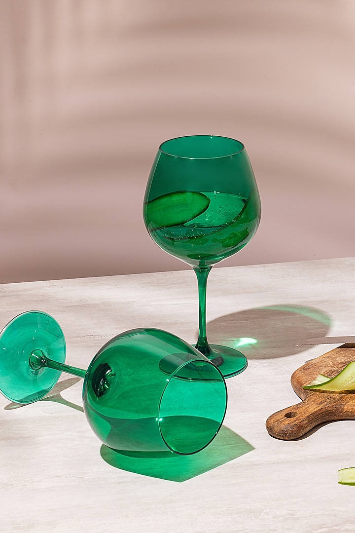 Emerald Green Lead-Free Crystalline Handcrafted Gin Goblet Set by Rayt Glassware