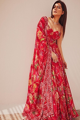 Red Embroidered Anarkali Set by Mahima Mahajan