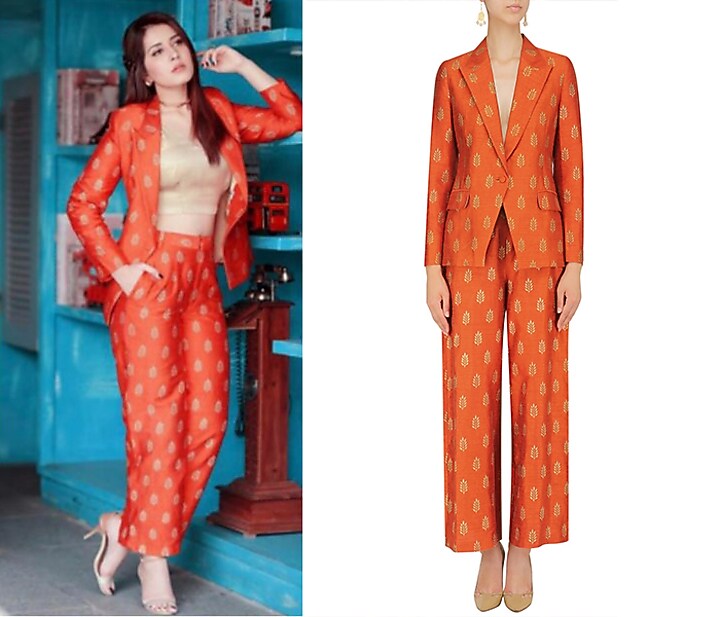 Burnt orange foil printed blazer and pant set available only at Pernia's Pop Up Shop.