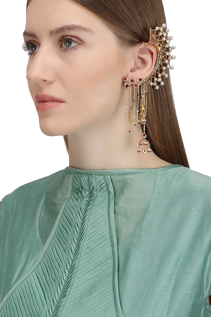 Gold Plated Lotus Stud Ear Cuff by Raabta By Rahul