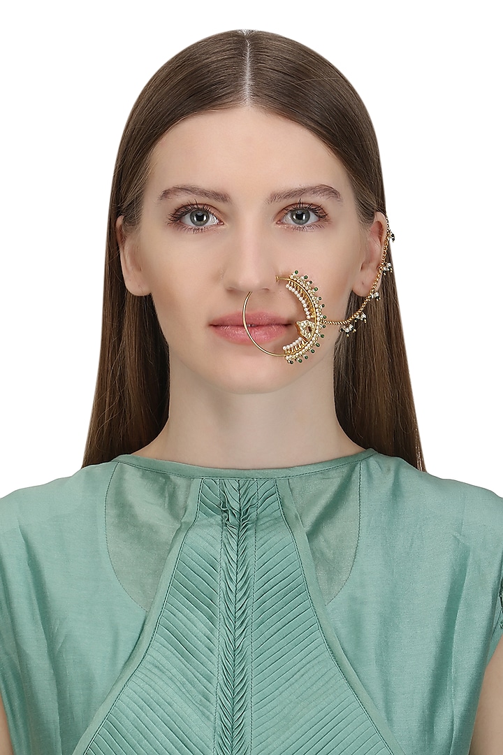 Gold Plated Green Beads and Pearls Nose Ring by Raabta By Rahul