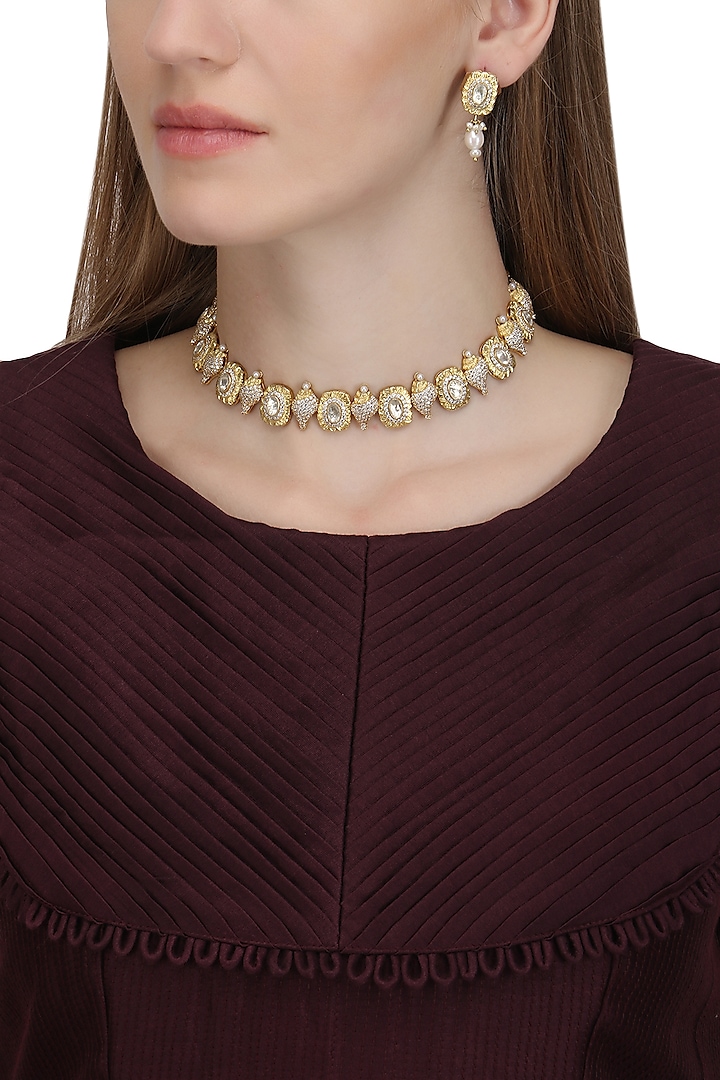 Gold Plated Pearl and Conch Choker Necklace by Raabta By Rahul