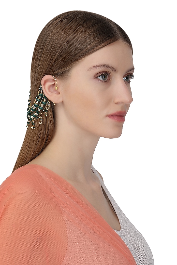 Gold Plated Green Melon Motif Suspended Earrings by Raabta By Rahul