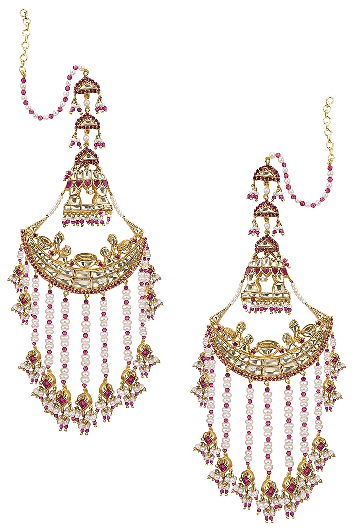 Gold plated palki chaandbali earrings set available only at Pernia's Pop Up Shop.