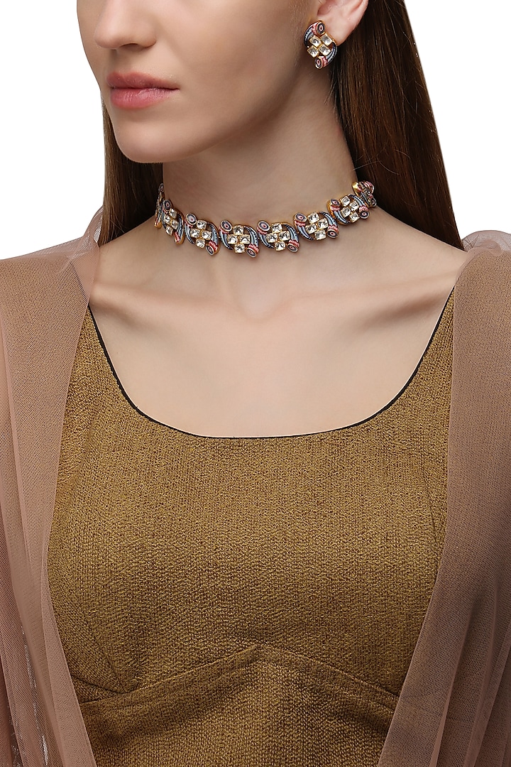Gold Plated Pink and Blue Enamel Shennai Choker Necklace by Raabta By Rahul