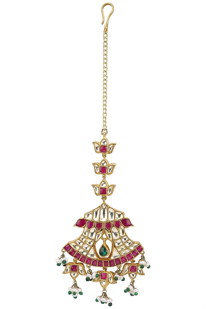 Gold plated palki semi-precious stones maang tikka set available only at Pernia's Pop Up Shop.