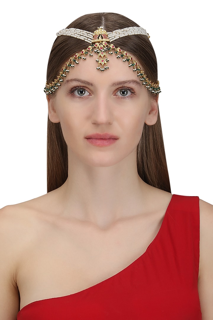 Gold plated palki beaded matha patti set available only at Pernia's Pop Up Shop.