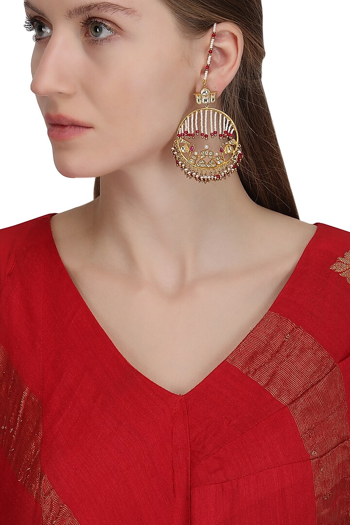 Gold Plated Lotus Pearl Earrings by Raabta By Rahul