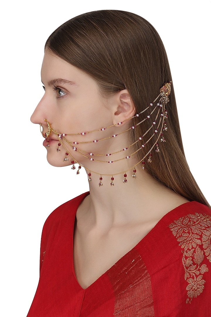 Gold Plated Beaded Chains Nose Ring by Raabta By Rahul