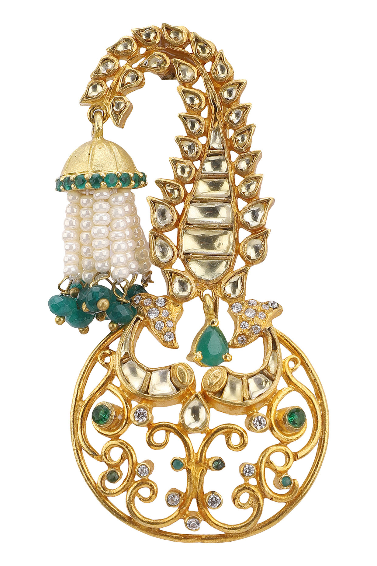 Gold Plated Emeralds and Pearls Brooch by Raabta By Rahul