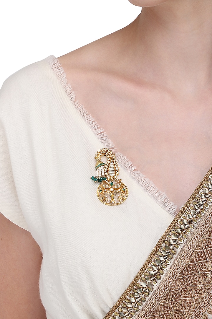 Gold Plated Emeralds and Pearls Brooch by Raabta By Rahul