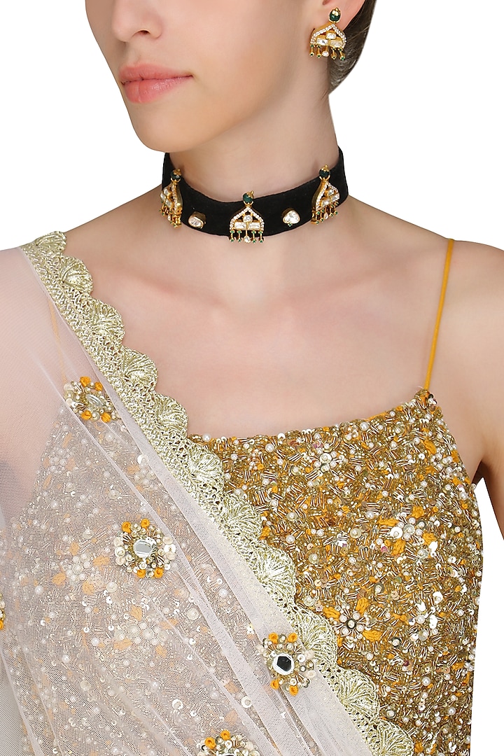 Black and Gold Kundan Palki Choker Necklace Set by Raabta By Rahul