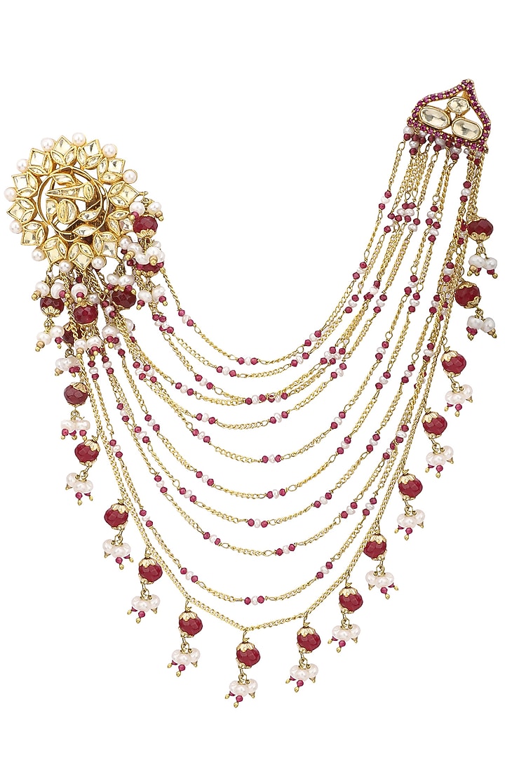 Gold plated kundan, pearls and ruby suspender earrings available only at Pernia's Pop Up Shop.