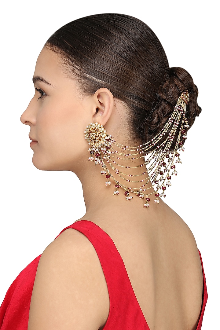 Gold Plated Kundan, Pearls and Ruby Suspender Earrings by Raabta By Rahul