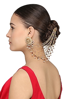 Gold Plated Kundan, Pearls and Ruby Suspender Earrings by Raabta By Rahul-JEWELLERY AS GIFTS