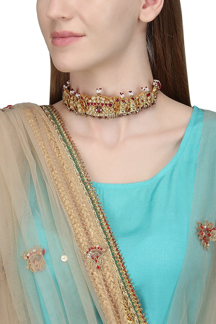 Gold Plated White and Red Kundan Choker Necklace by Raabta By Rahul