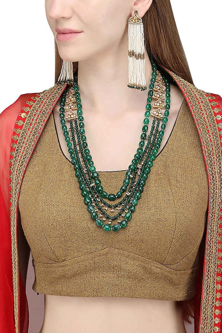 Gold Plated Pearls and Green Onyx Necklace Set by Raabta By Rahul