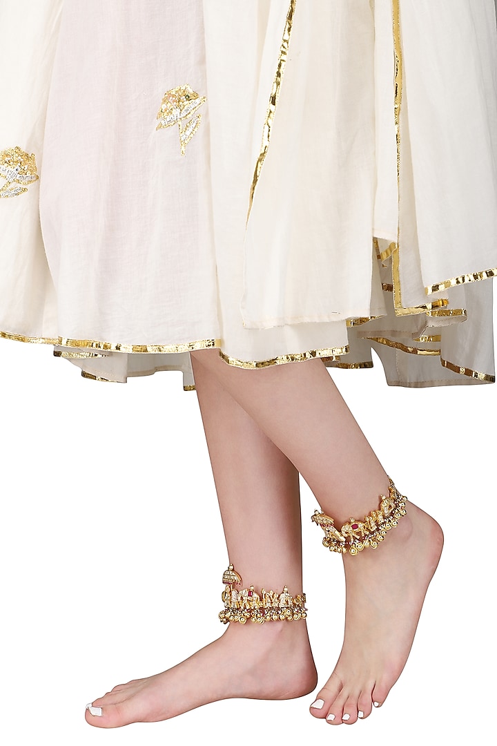 Gold Plated Bride and Groom Motif Anklets by Raabta By Rahul
