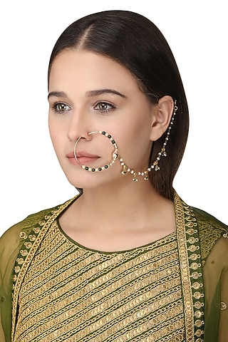 Gold Plated Green Onyx Tabla Nose Ring by Raabta By Rahul