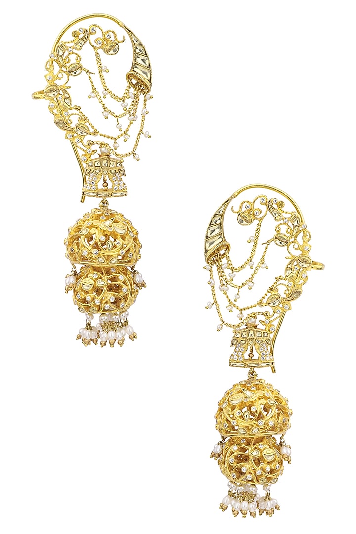 Gold plated kundan and pearls shehnai earrings available only at Pernia's Pop Up Shop.