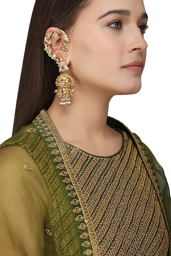 Gold Plated Kundan and Pearls Shehnai Earrings by Raabta By Rahul