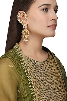Gold Plated Kundan and Pearls Shehnai Earrings by Raabta By Rahul-JEWELLERY AS GIFTS