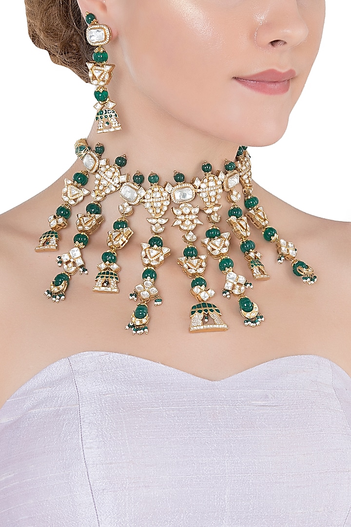 Gold Plated Polki Necklace Set by Raabta By Rahul