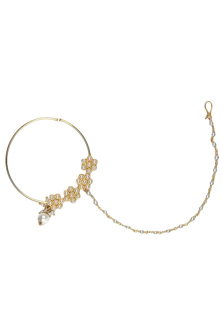 Ra Abta presents gold plated handcrafted mughal 4 flower nath with pearl drops available only at Pernia's Pop Up Shop.