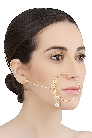 Gold Plated Handcrafted Mughal 4 Flower Nath With Pearl Drops by Raabta By Rahul