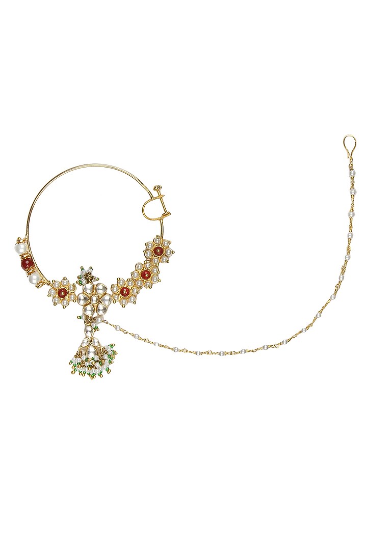 Ra Abta presents Gold plated handcrafted kundan, emerald and stimulated rubies studded mughal bridal nath available only at Pernia's Pop Up Shop.