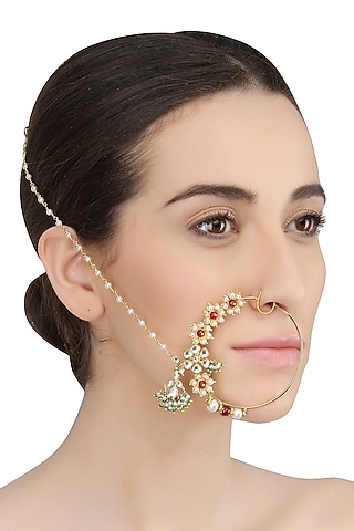 Gold Plated Handcrafted Kundan, Emerald And Stimulated Rubies Studded Mughal Bridal Nath by Raabta By Rahul